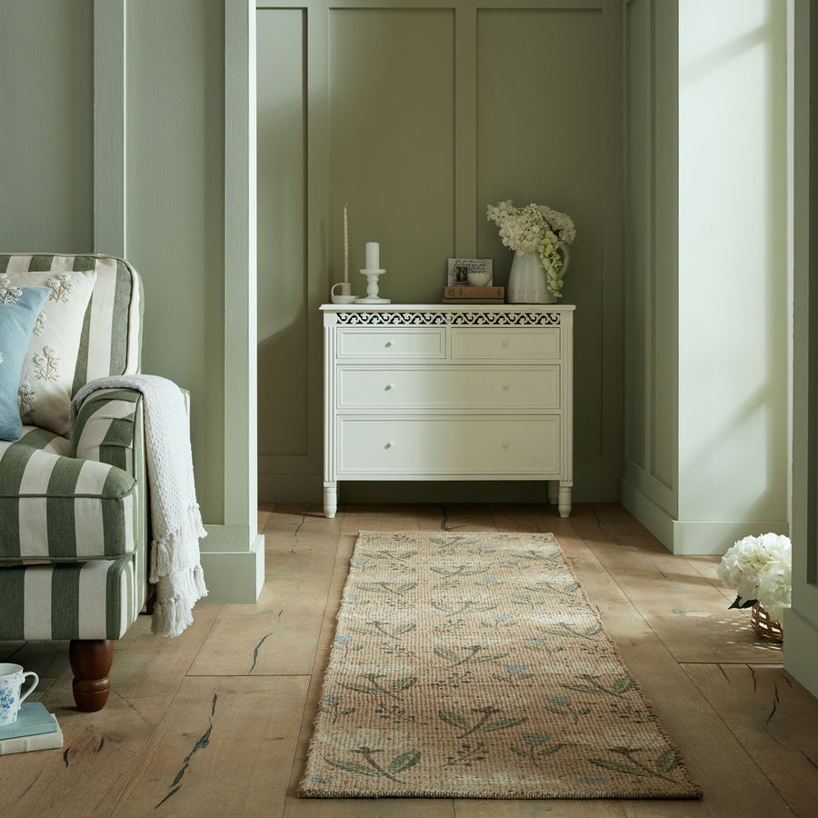 tapis en veritable jute a motif floral imprime